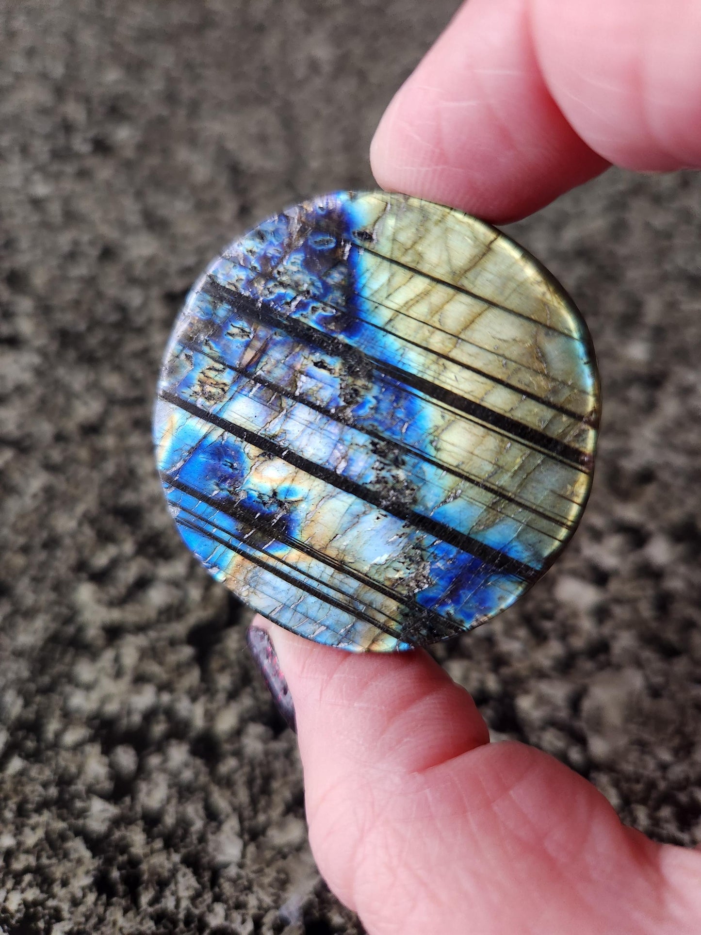 Unique Sun Moon Labradorite Coin Crystal Stone with flash and tiger lines