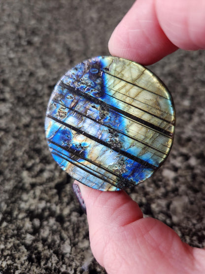 Unique Sun Moon Labradorite Coin Crystal Stone with flash and tiger lines