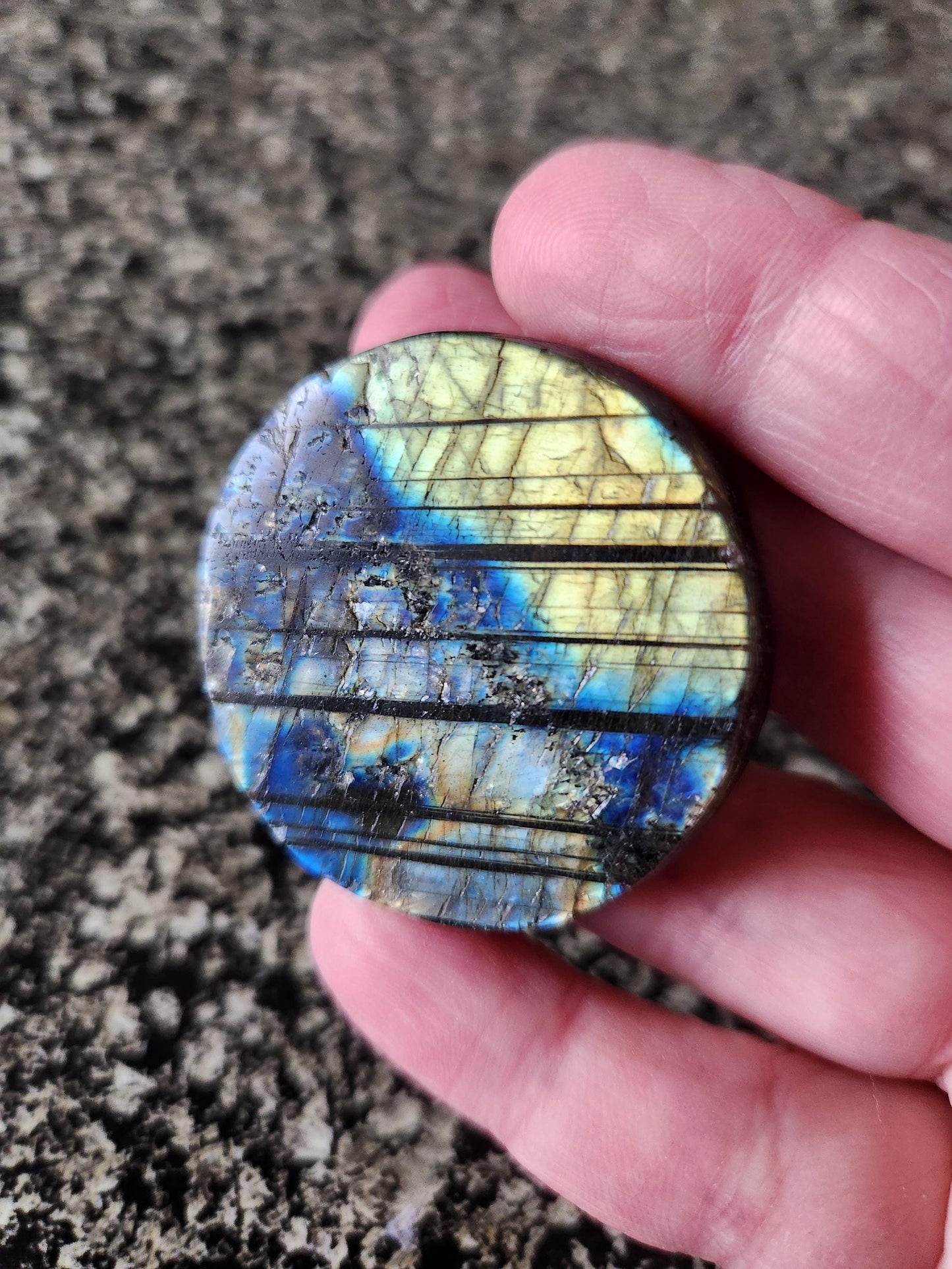 Unique Sun Moon Labradorite Coin Crystal Stone with flash and tiger lines
