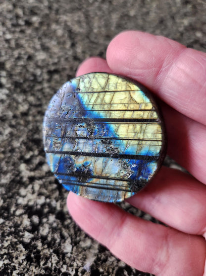 Unique Sun Moon Labradorite Coin Crystal Stone with flash and tiger lines