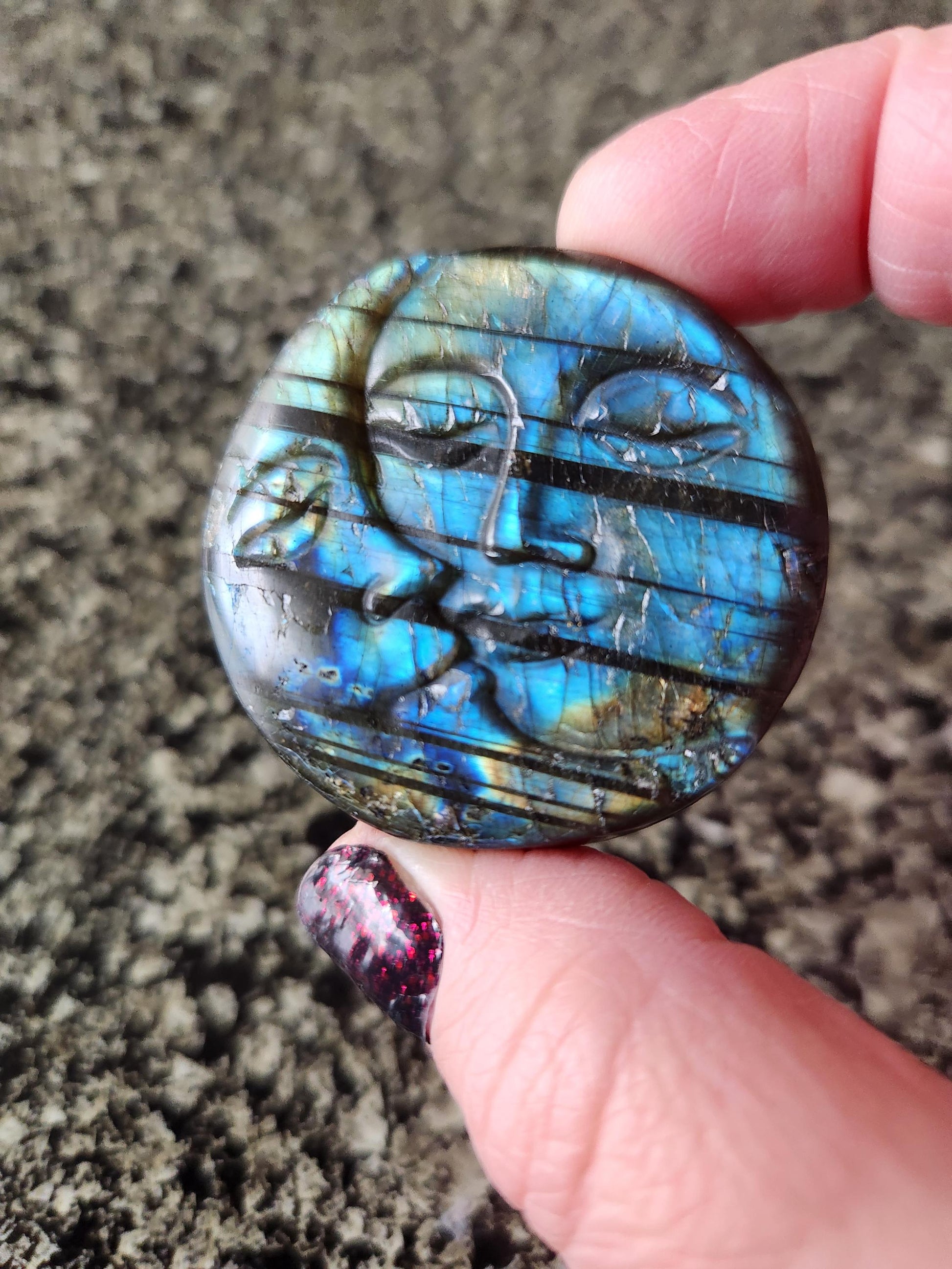 Unique Sun Moon Labradorite Coin Crystal Stone with flash and tiger lines