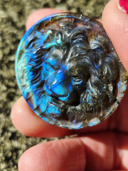 Labradorite Crystal Lion Coin Carving: Hand Carved Palm Stone with Extreme Flash