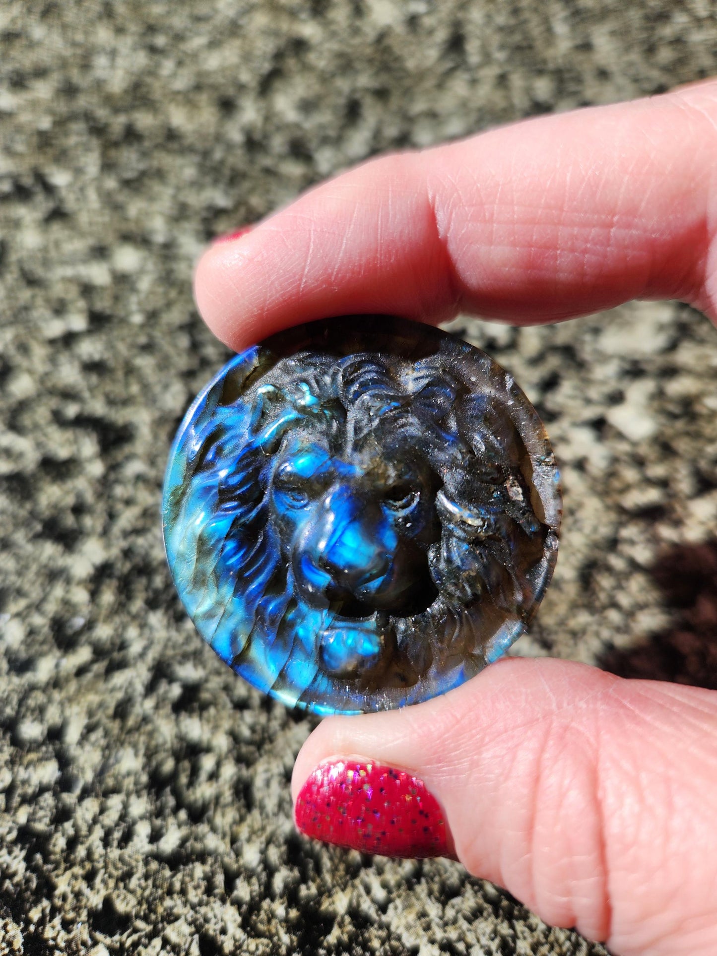 Labradorite Crystal Lion Coin Carving: Hand Carved Palm Stone with Extreme Flash
