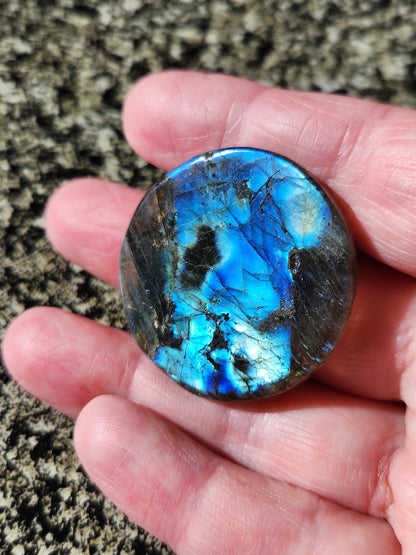 Labradorite Crystal Lion Coin Carving: Hand Carved Palm Stone with Extreme Flash