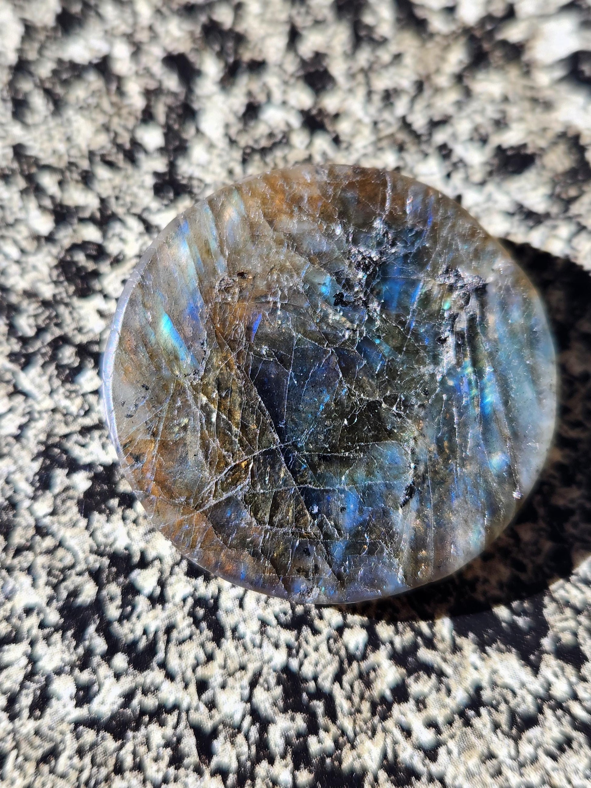 Labradorite Crystal Lion Coin Carving: Hand Carved Palm Stone with Extreme Flash
