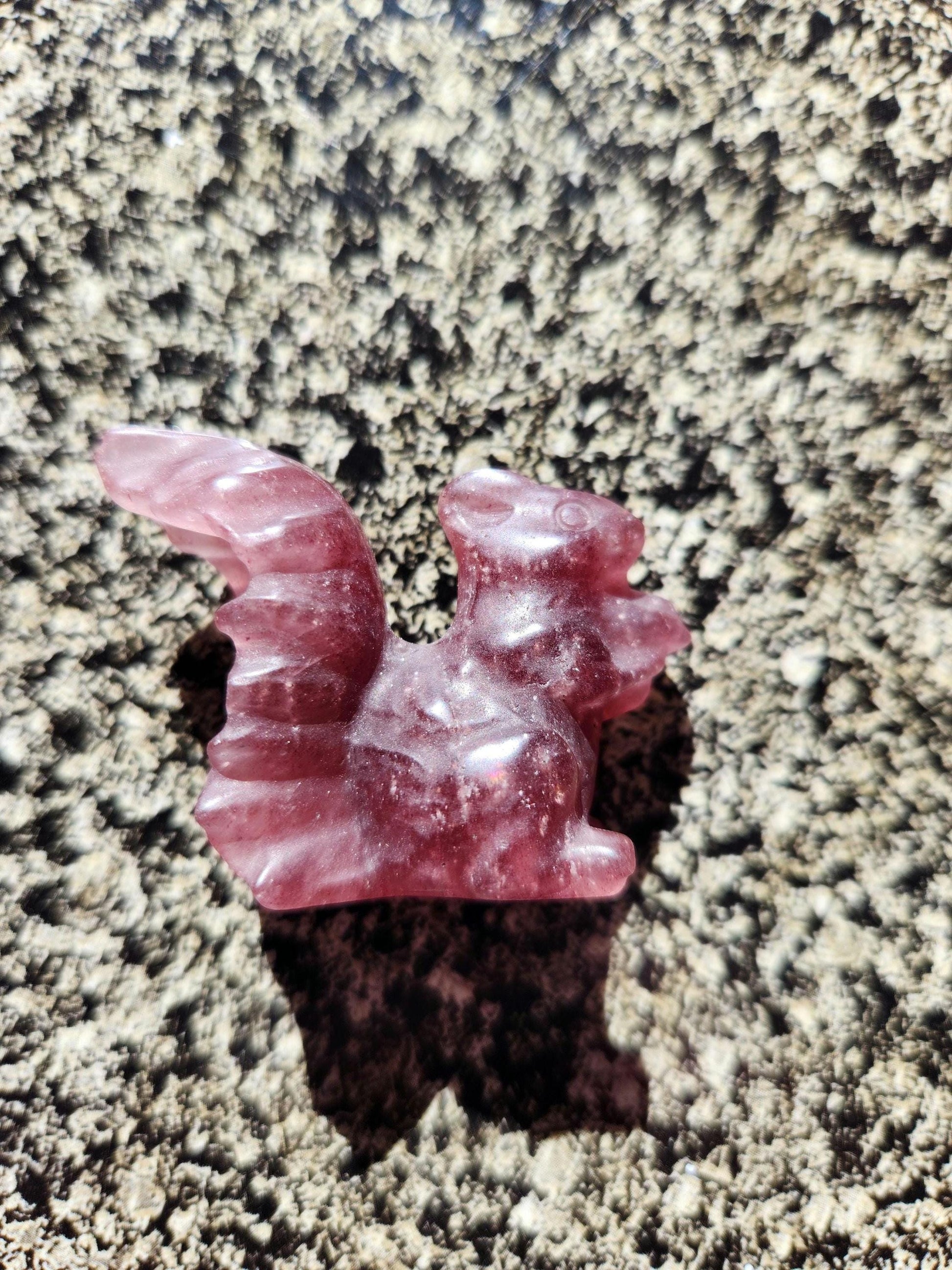 Strawberry Quartz Carved Squirrel: Natural Crystal Figurine