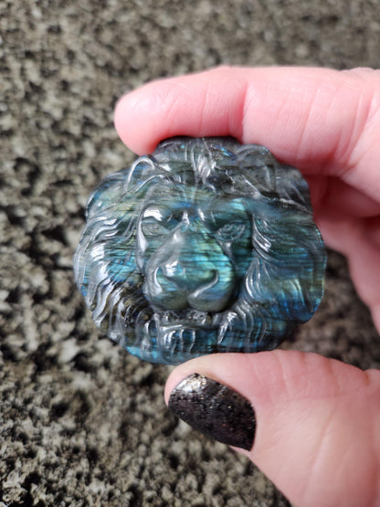 Labradorite Crystal Lion Coin Carving: Hand Carved Palm Stone with Extreme Flash