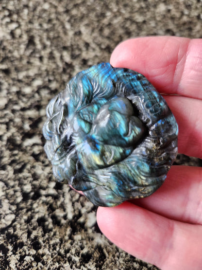 Labradorite Crystal Lion Coin Carving: Hand Carved Palm Stone with Extreme Flash