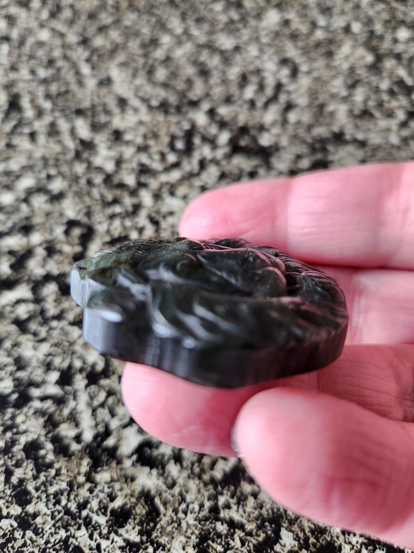 Labradorite Crystal Lion Coin Carving: Hand Carved Palm Stone with Extreme Flash