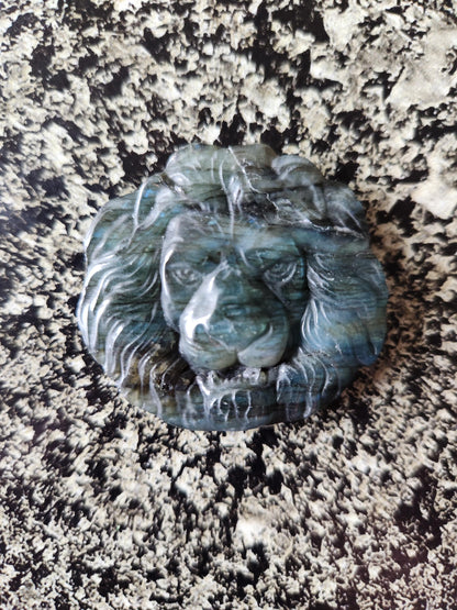 Labradorite Crystal Lion Coin Carving: Hand Carved Palm Stone with Extreme Flash