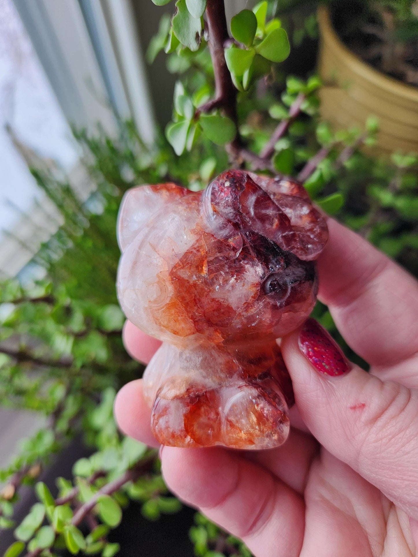 Carved Fire Quartz Hello Kitty Crystal Stone: Natural Healing Decor