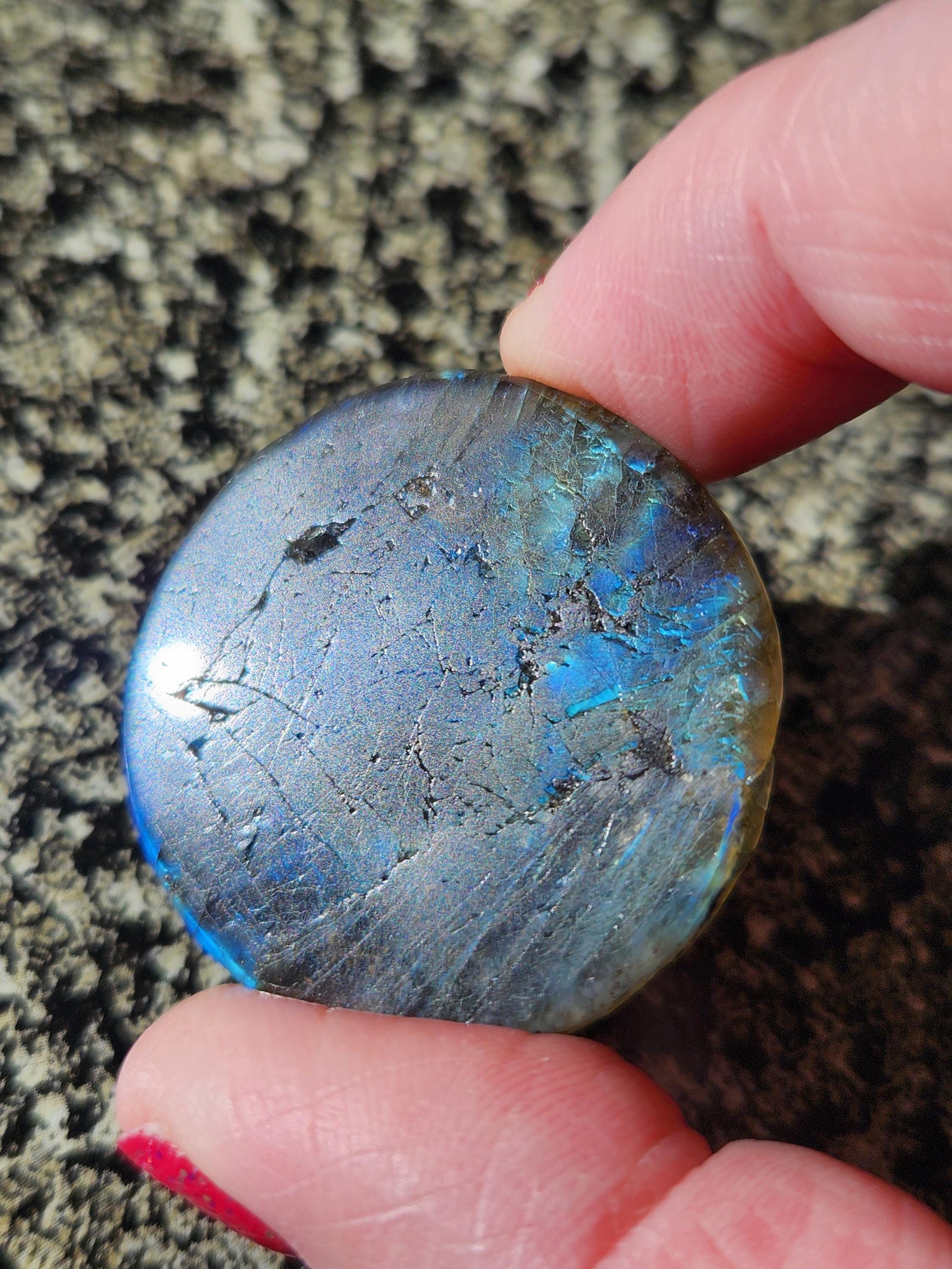 Labradorite Crystal Lion Coin Carving: Hand Carved Palm Stone with Extreme Flash