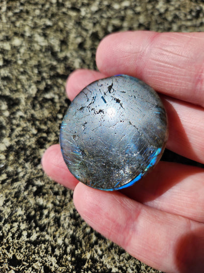 Labradorite Crystal Lion Coin Carving: Hand Carved Palm Stone with Extreme Flash
