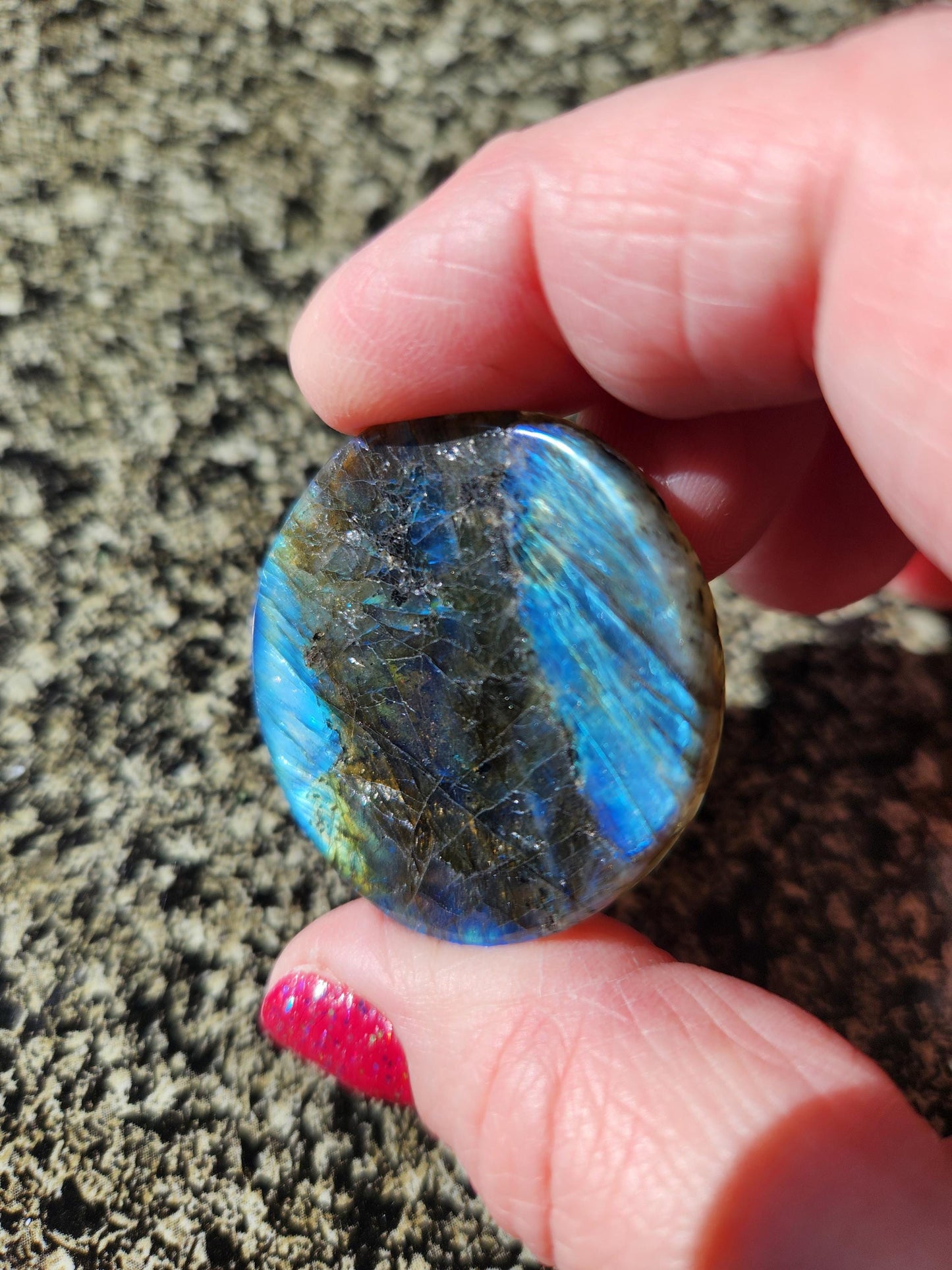 Labradorite Crystal Lion Coin Carving: Hand Carved Palm Stone with Extreme Flash