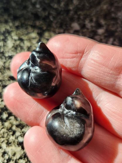 Silver Sheen Obsidian Mini Sleeping Cat - Natural Stone Crystal, One