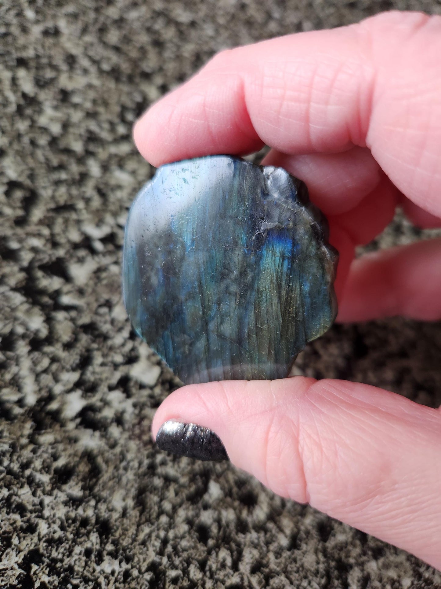 Labradorite Crystal Lion Coin Carving: Hand Carved Palm Stone with Extreme Flash