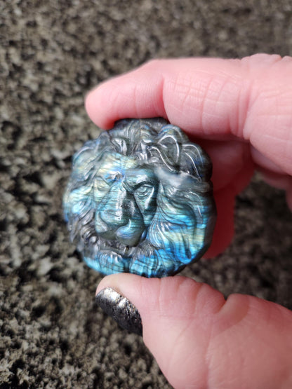 Labradorite Crystal Lion Coin Carving: Hand Carved Palm Stone with Extreme Flash
