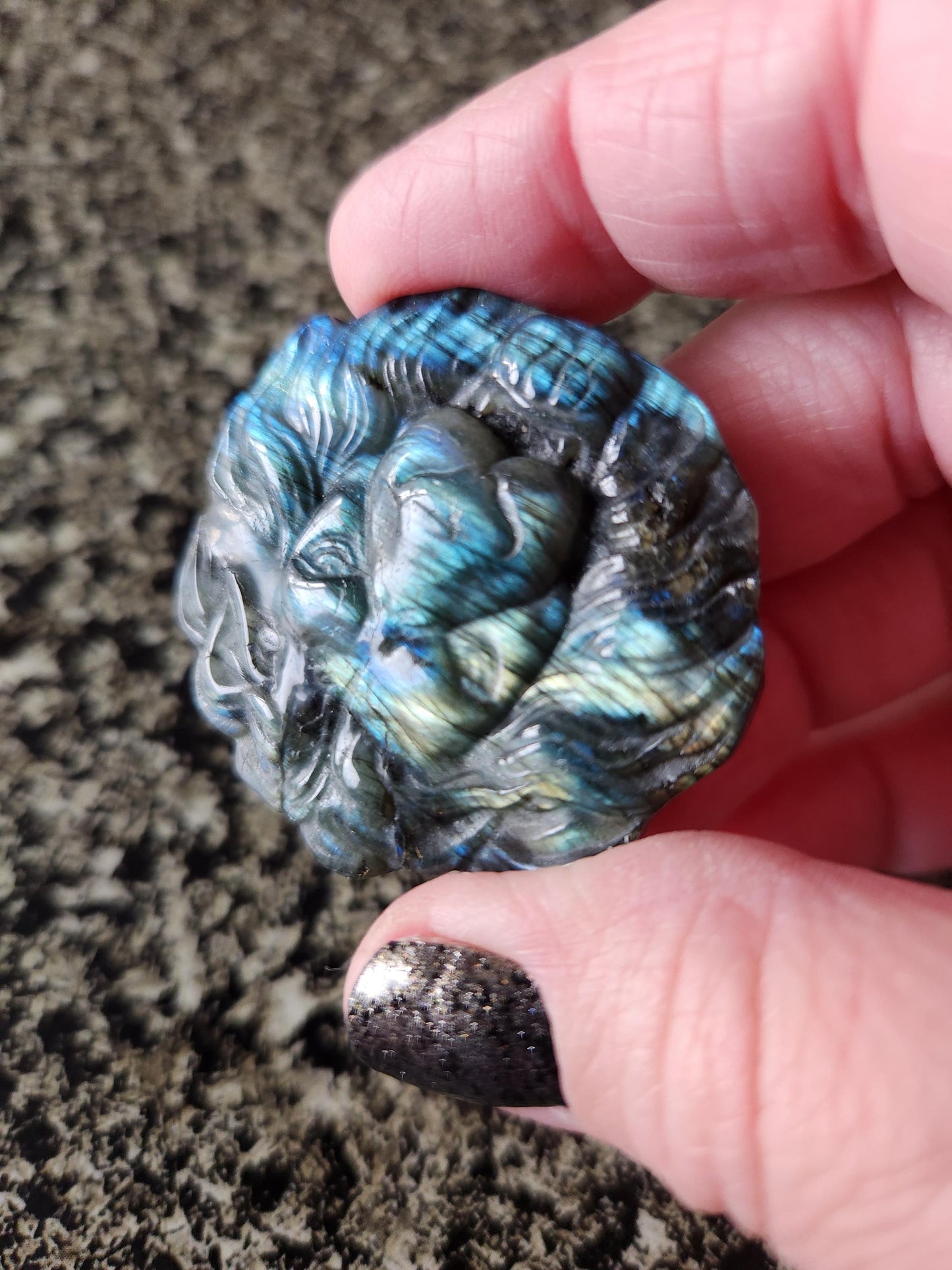 Labradorite Crystal Lion Coin Carving: Hand Carved Palm Stone with Extreme Flash