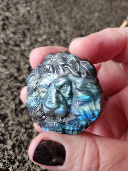 Labradorite Crystal Lion Coin Carving: Hand Carved Palm Stone with Extreme Flash