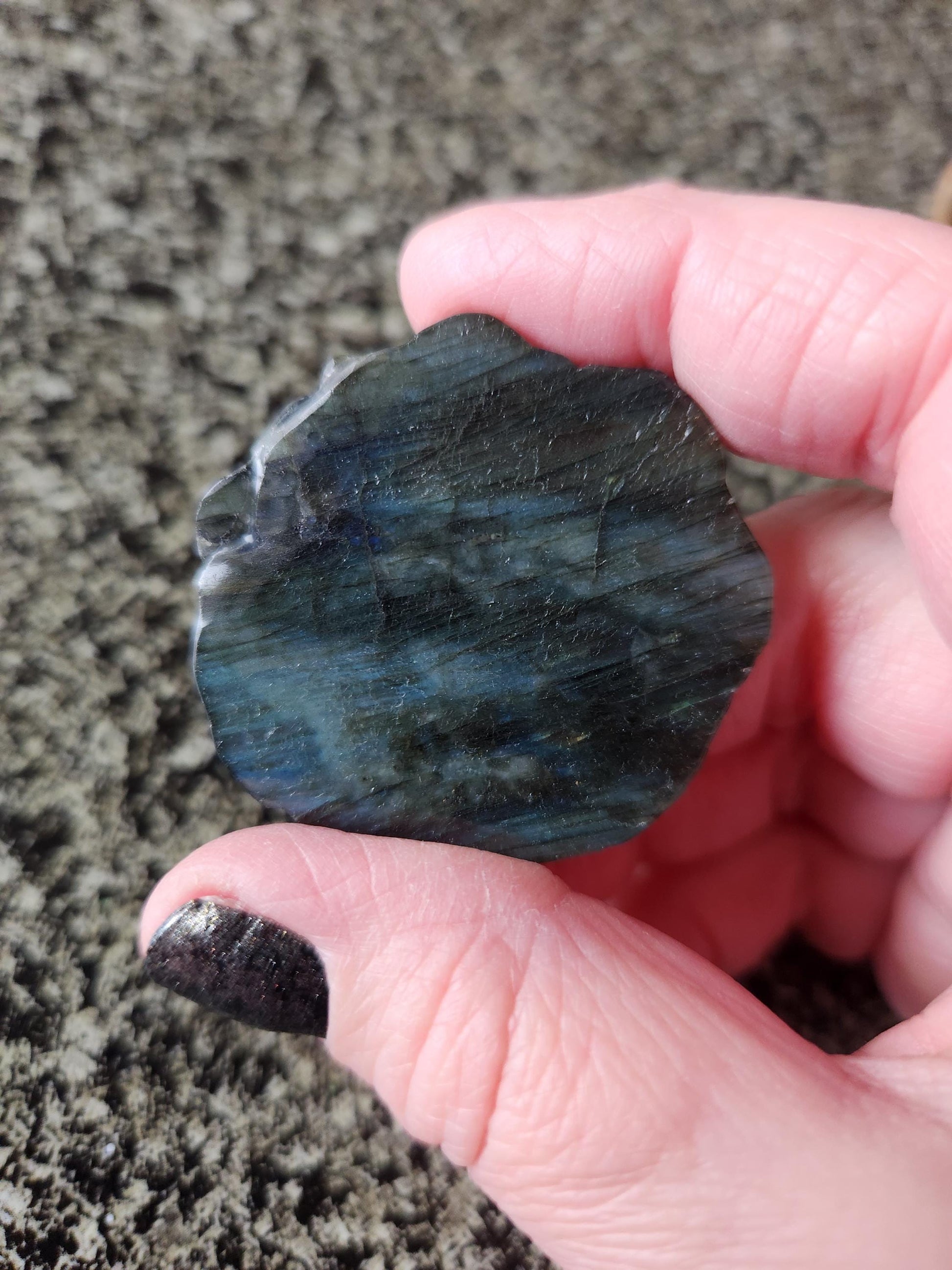 Labradorite Crystal Lion Coin Carving: Hand Carved Palm Stone with Extreme Flash