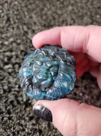 Labradorite Crystal Lion Coin Carving: Hand Carved Palm Stone with Extreme Flash