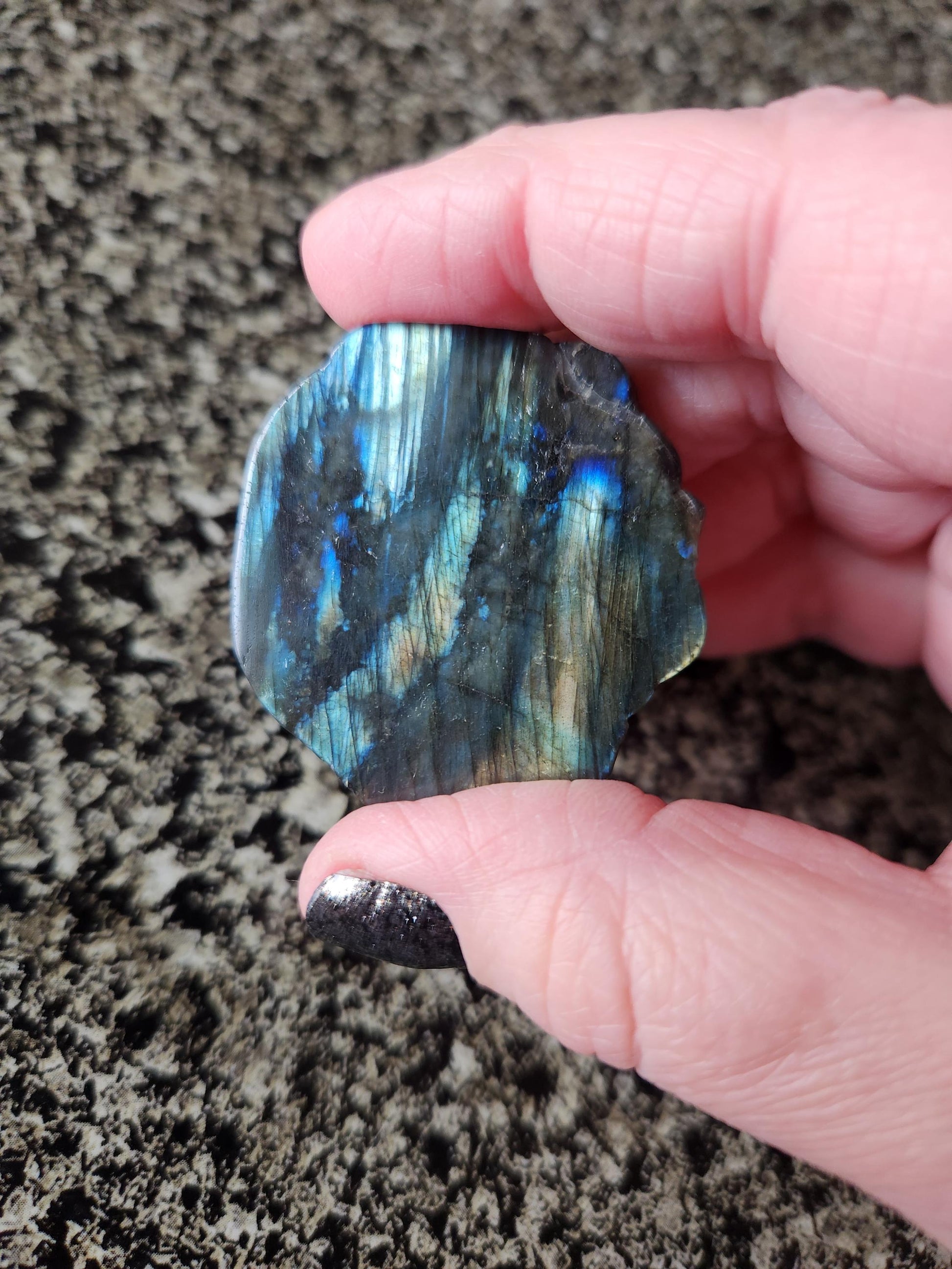 Labradorite Crystal Lion Coin Carving: Hand Carved Palm Stone with Extreme Flash