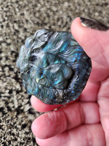 Labradorite Crystal Lion Coin Carving: Hand Carved Palm Stone with Extreme Flash