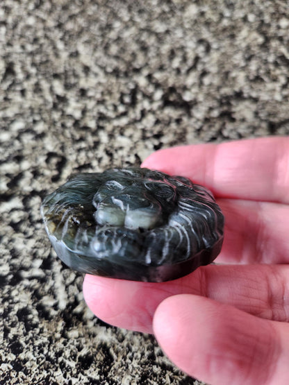 Labradorite Crystal Lion Coin Carving: Hand Carved Palm Stone with Extreme Flash