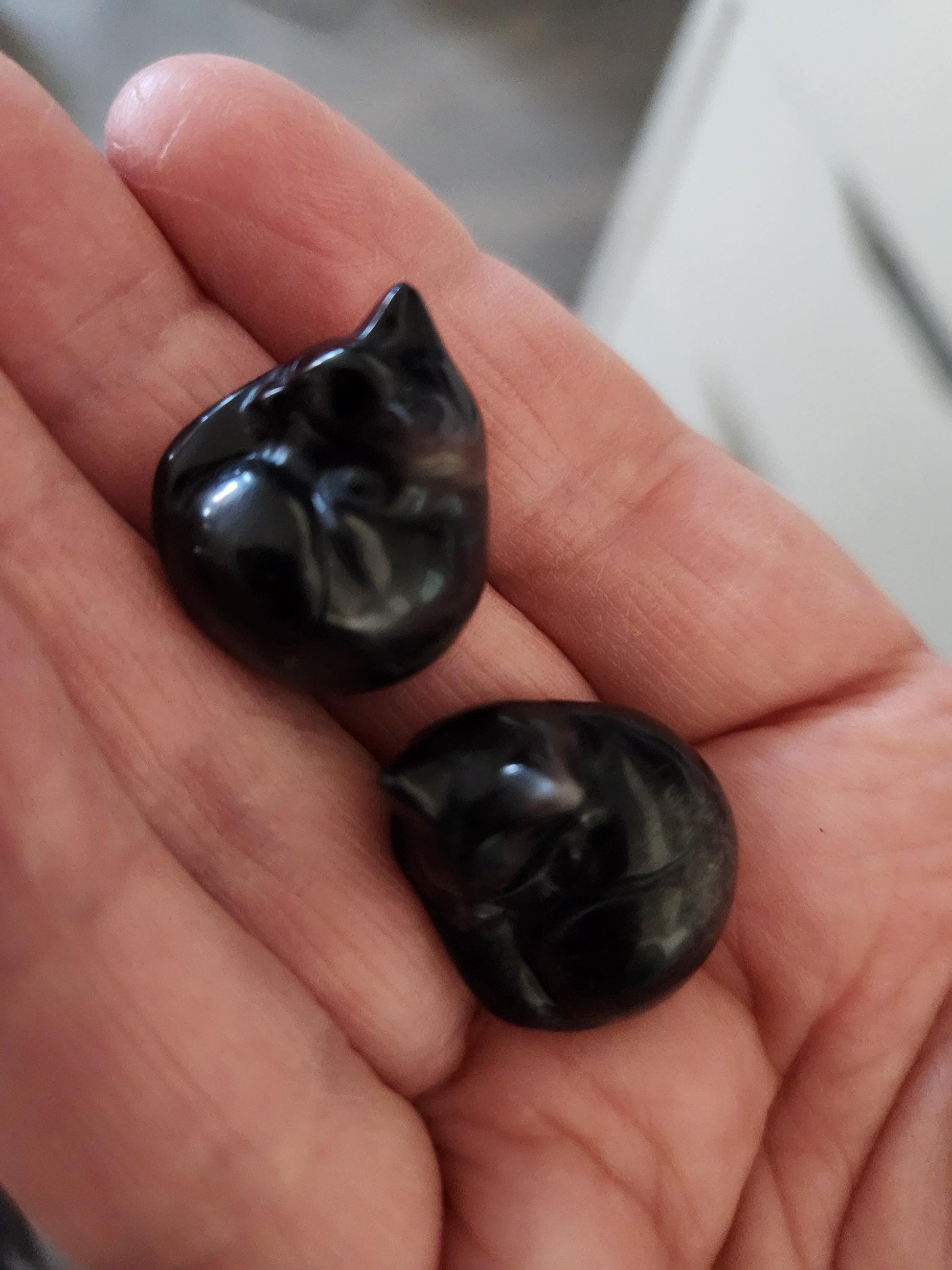 Silver Sheen Obsidian Mini Sleeping Cat - Natural Stone Crystal, One