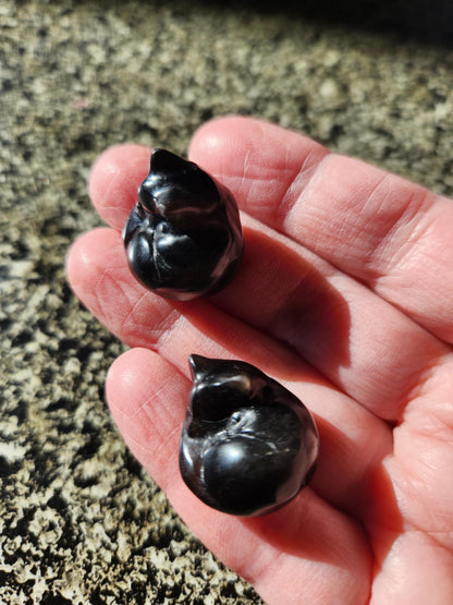 Silver Sheen Obsidian Mini Sleeping Cat - Natural Stone Crystal, One