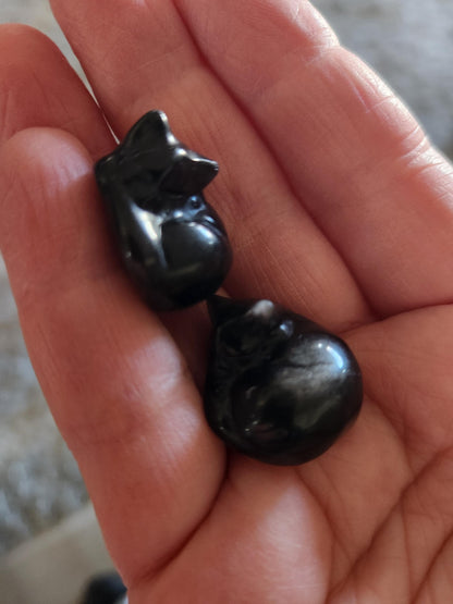 Silver Sheen Obsidian Mini Sleeping Cat - Natural Stone Crystal, One