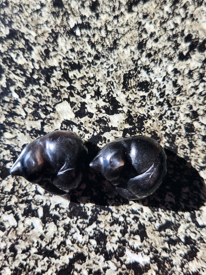 Silver Sheen Obsidian Mini Sleeping Cat - Natural Stone Crystal, One