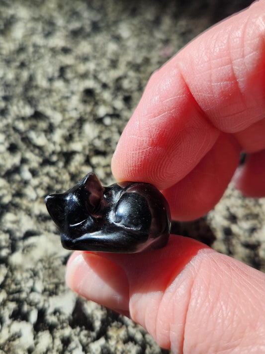 Silver Sheen Obsidian Mini Sleeping Cat - Natural Stone Crystal, One