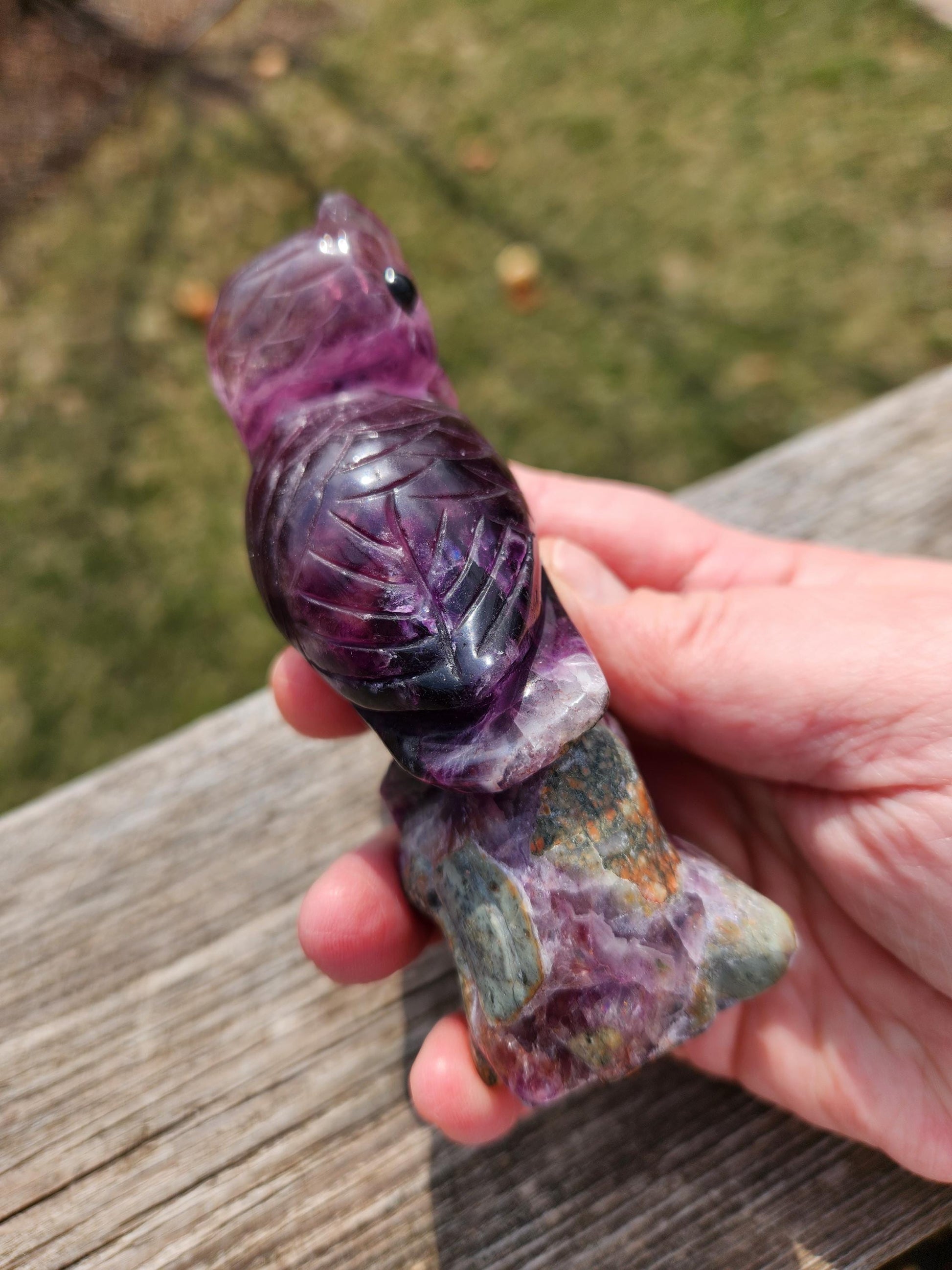 Carved Candy Fluorite Crystal Owl on Natural Root Stone, Unique