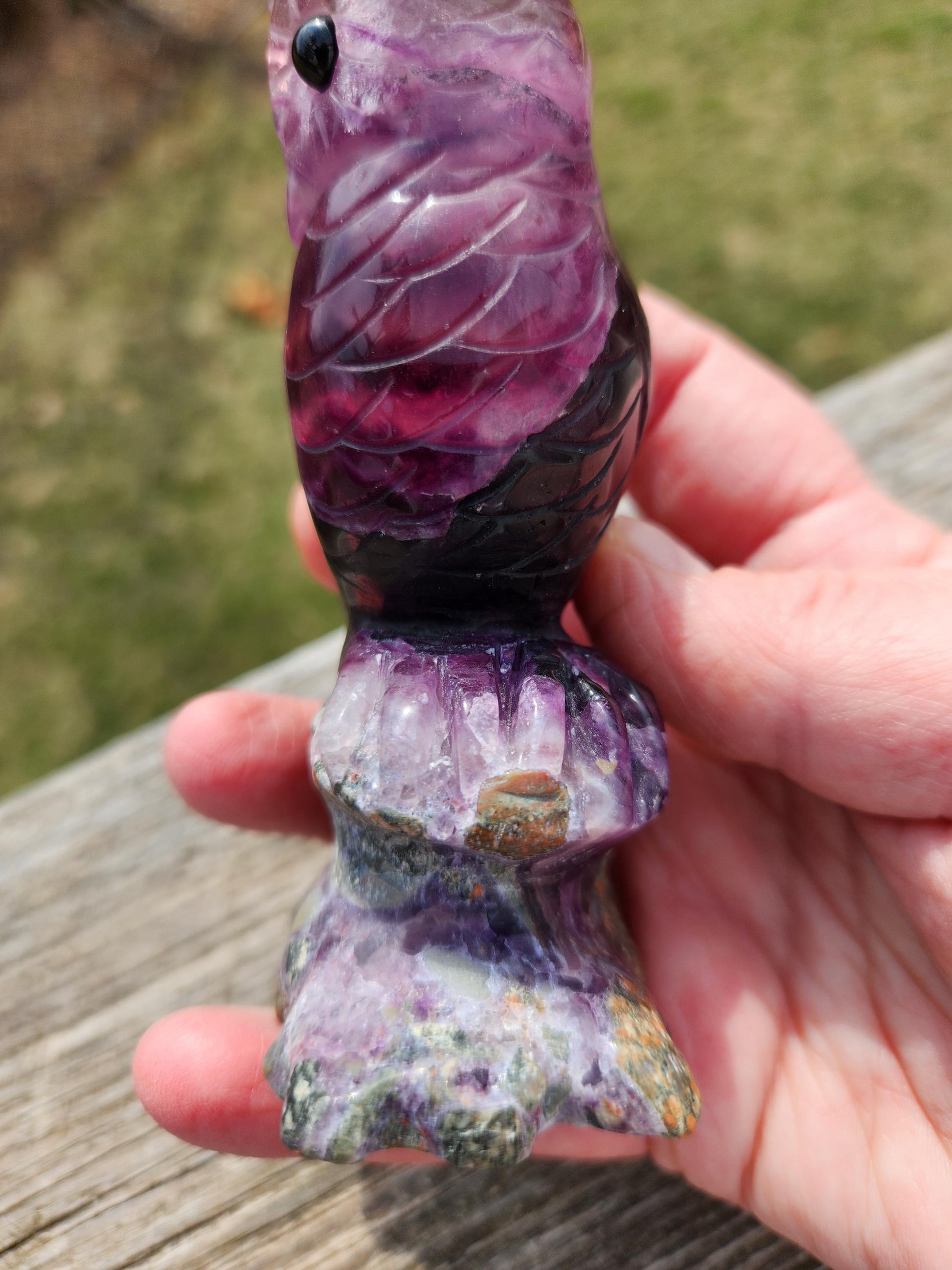 Carved Candy Fluorite Crystal Owl on Natural Root Stone, Unique