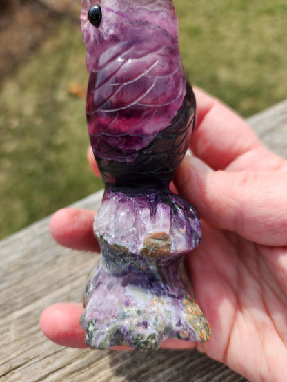 Carved Candy Fluorite Crystal Owl on Natural Root Stone, Unique