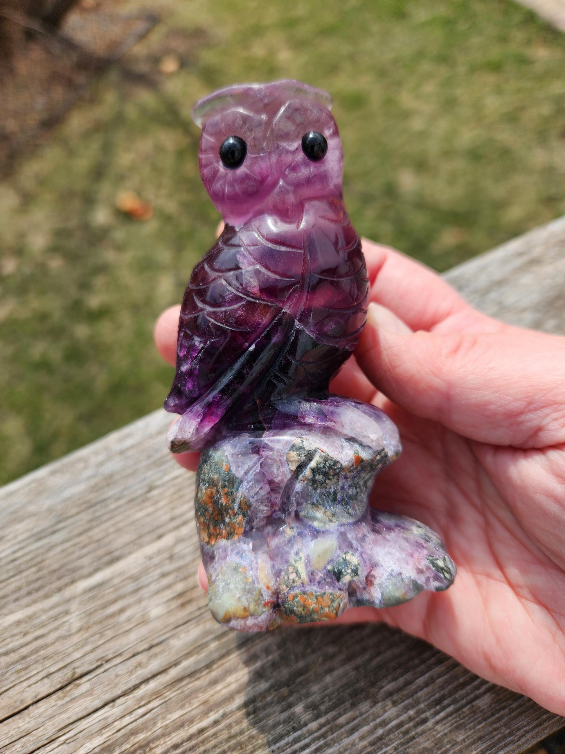 Carved Candy Fluorite Crystal Owl on Natural Root Stone, Unique