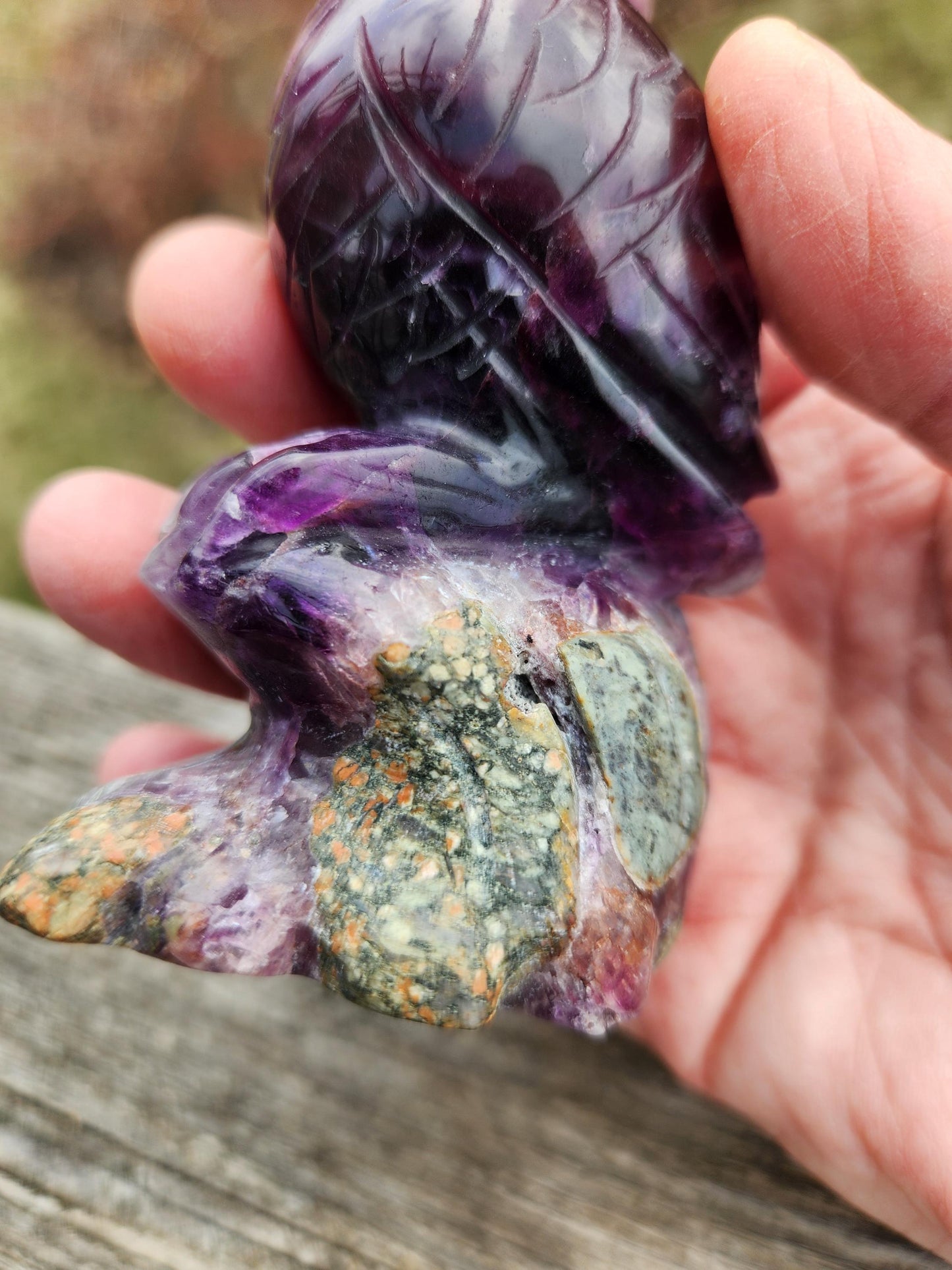 Carved Candy Fluorite Crystal Owl on Natural Root Stone, Unique