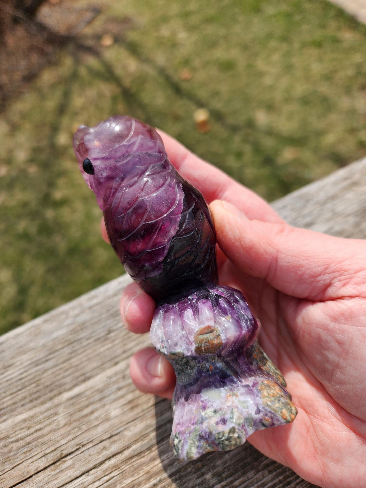 Carved Candy Fluorite Crystal Owl on Natural Root Stone, Unique