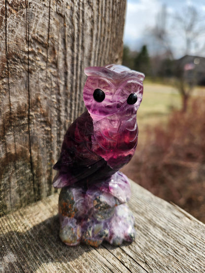 Carved Candy Fluorite Crystal Owl on Natural Root Stone, Unique