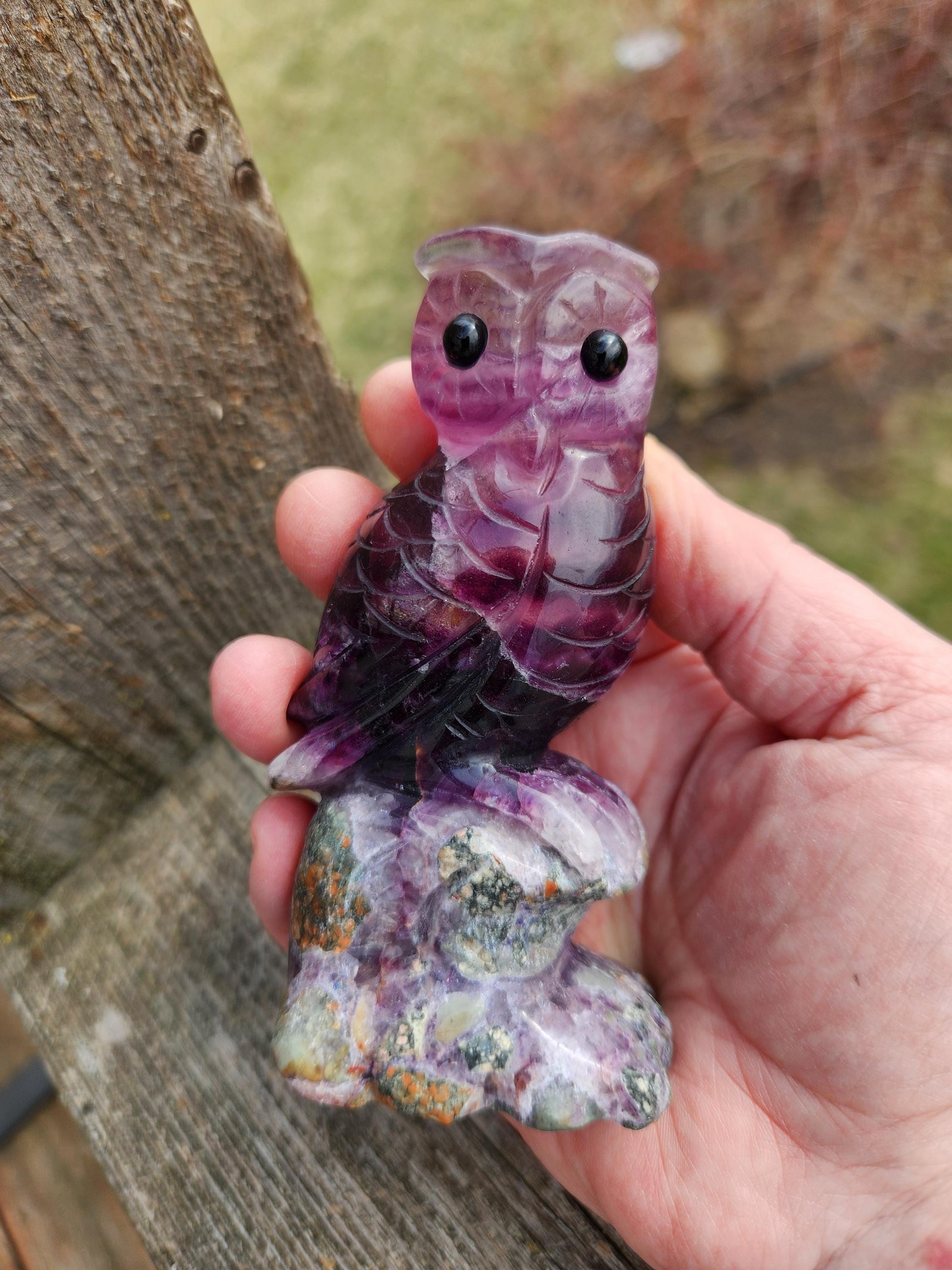 Carved Candy Fluorite Crystal Owl on Natural Root Stone, Unique