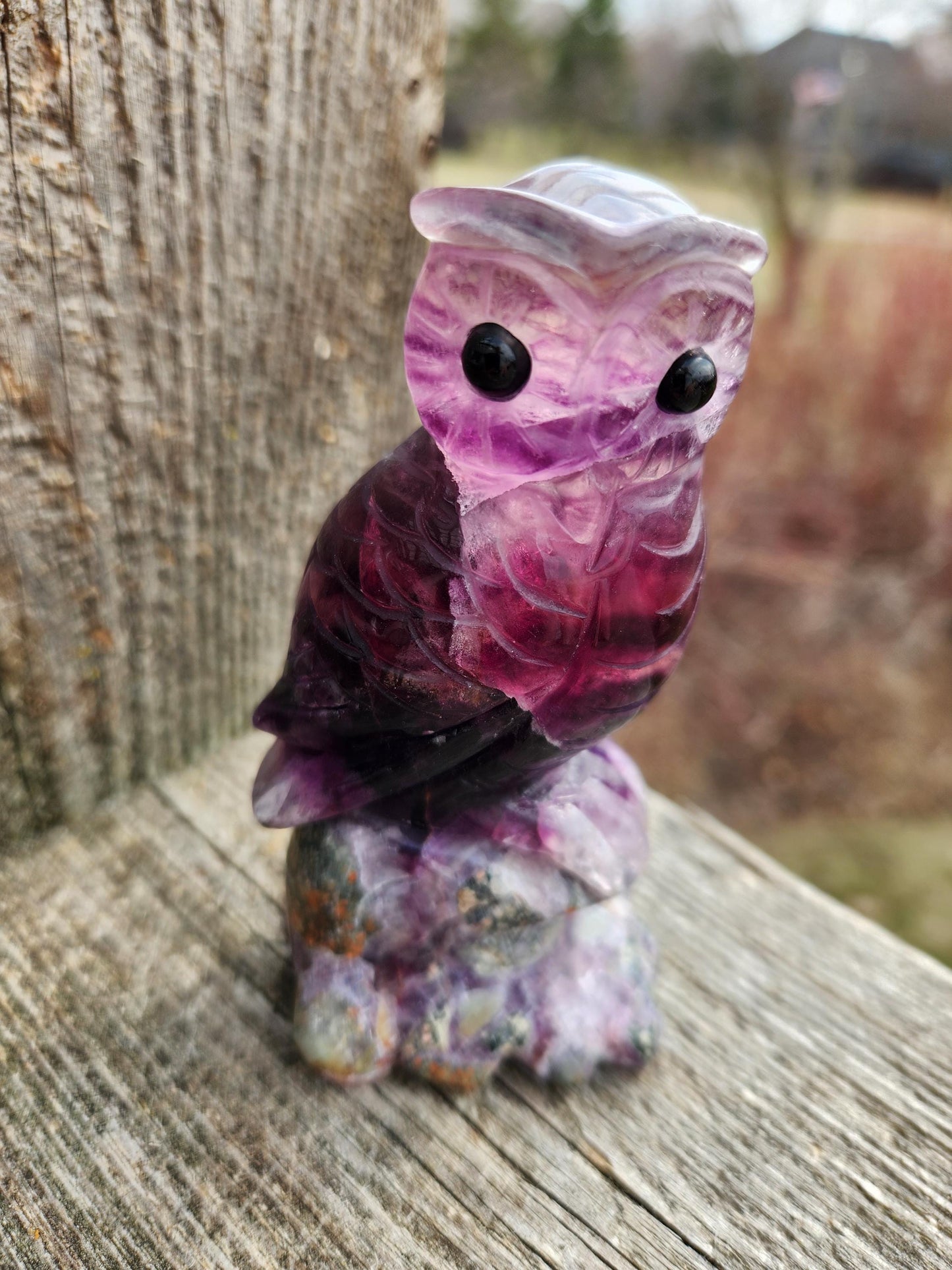 Carved Candy Fluorite Crystal Owl on Natural Root Stone, Unique