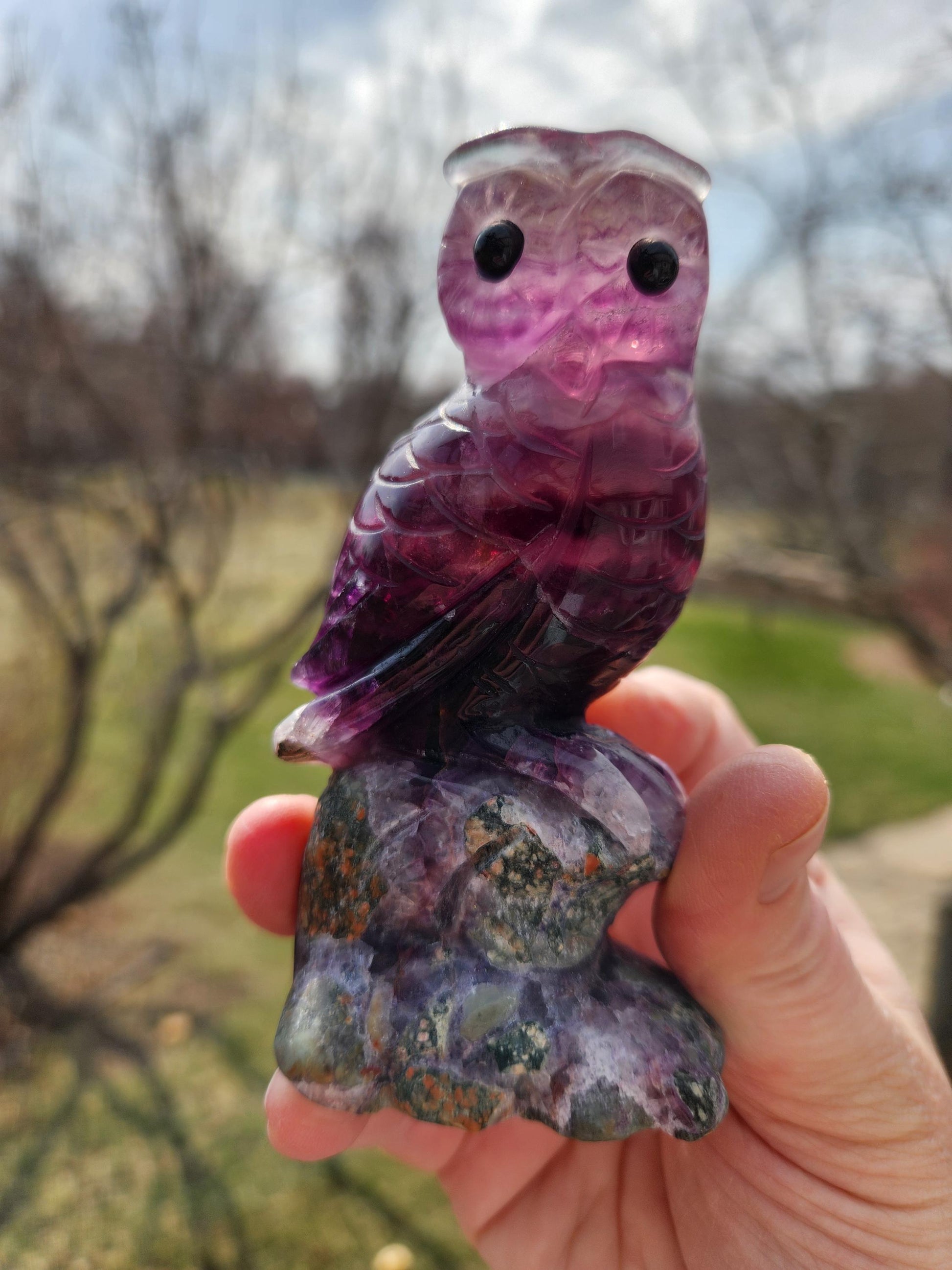 Carved Candy Fluorite Crystal Owl on Natural Root Stone, Unique