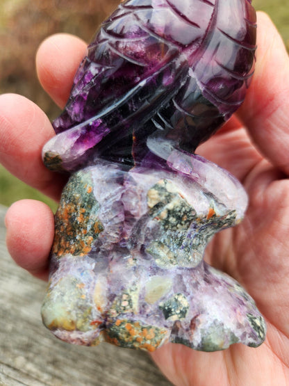 Carved Candy Fluorite Crystal Owl on Natural Root Stone, Unique