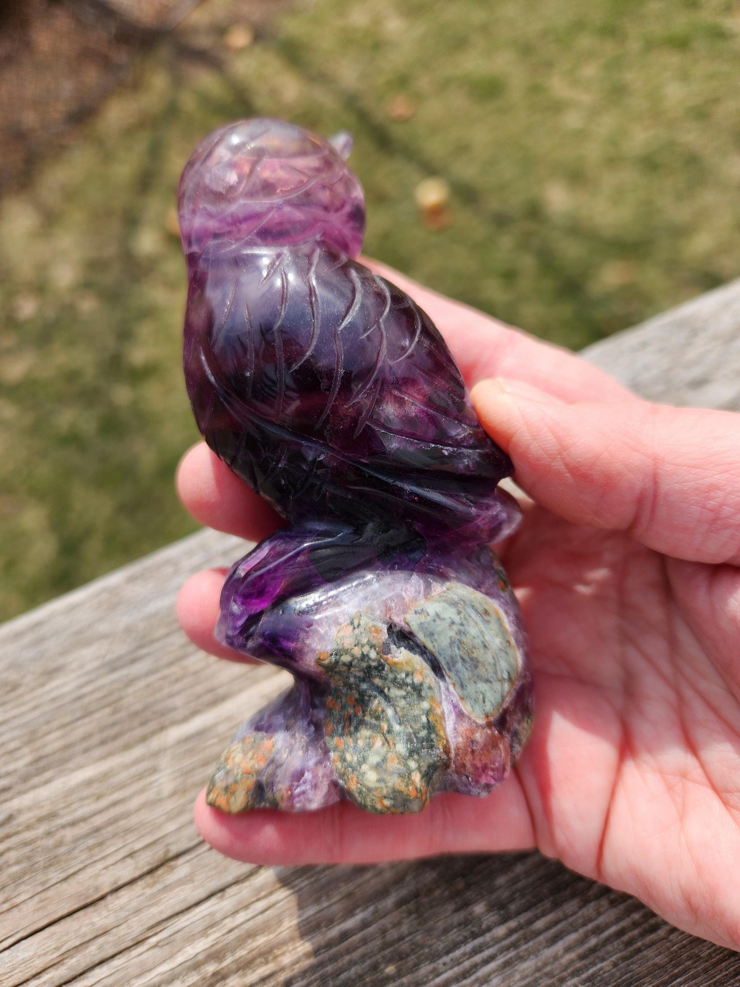 Carved Candy Fluorite Crystal Owl on Natural Root Stone, Unique