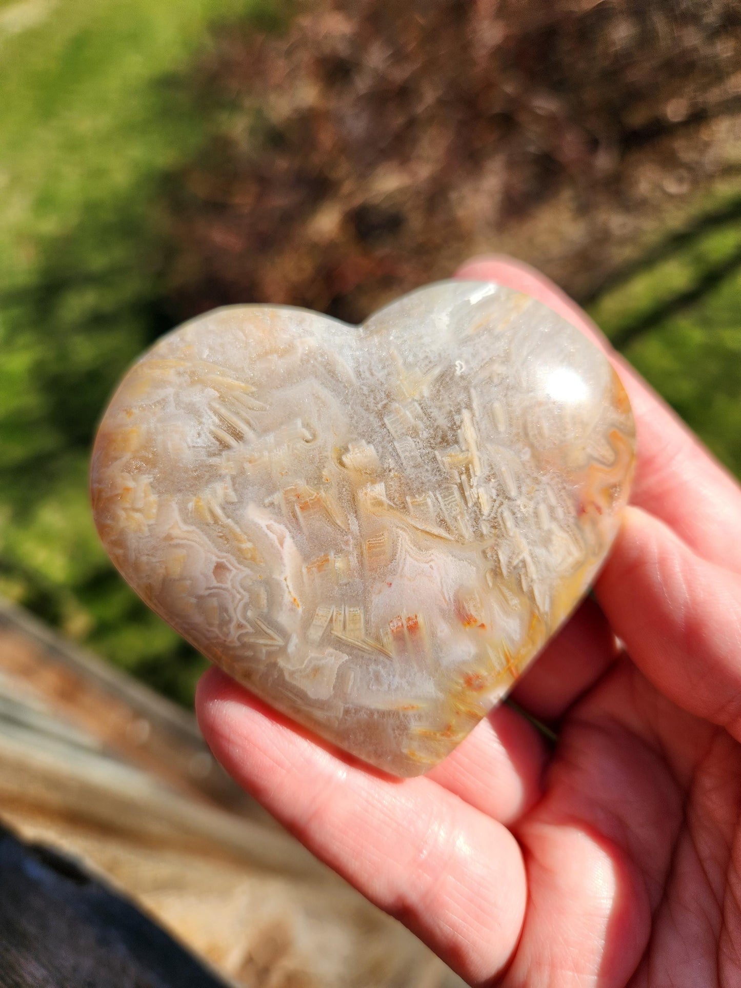 High Polished Bahia Jasper Crystal Heart, Hand Sized
