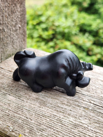 Black Obsidian Crystal Charging Bull, Taurus, Ox