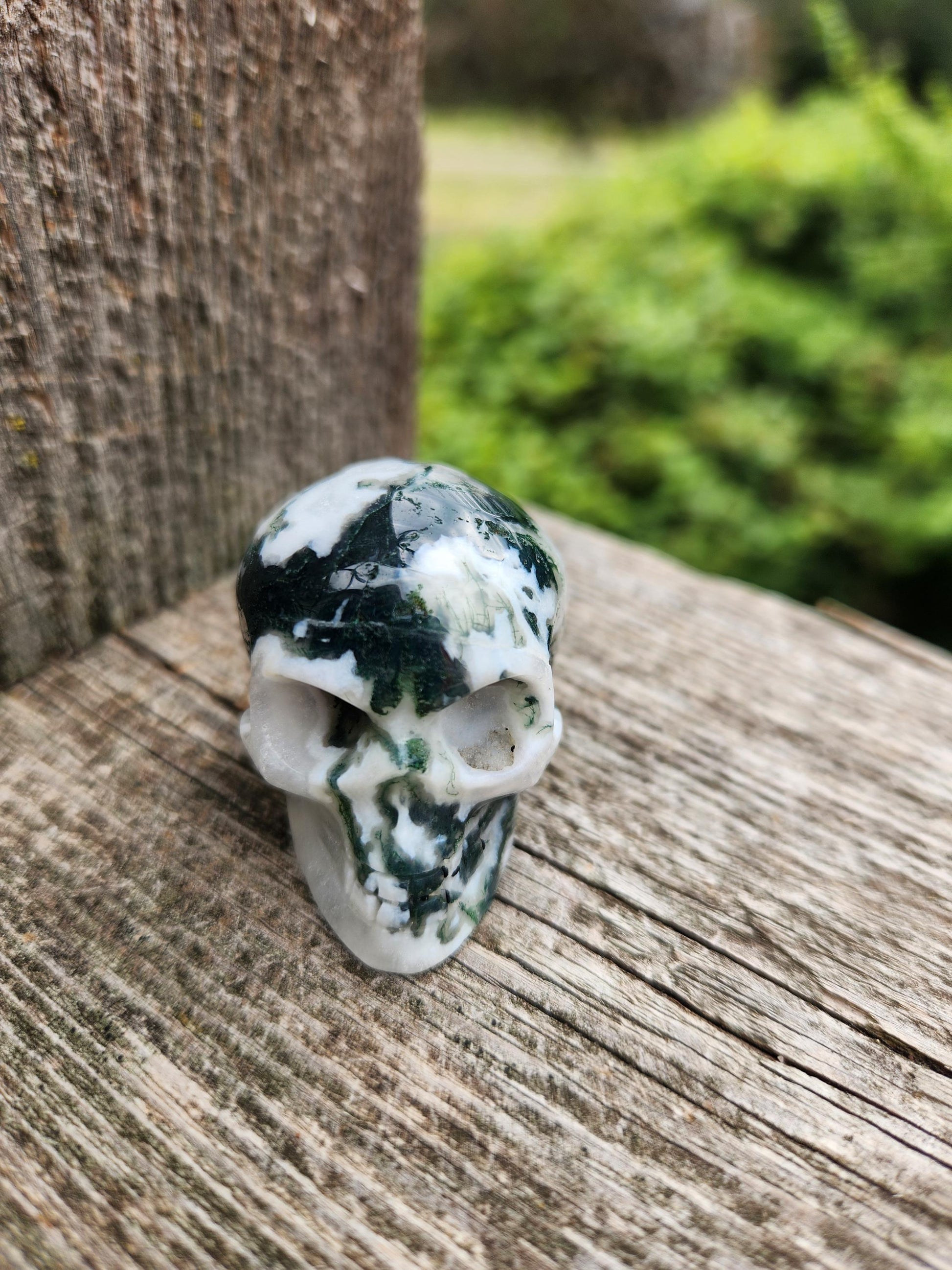 Moss Agate Clear Quartz Small Crystal Skull
