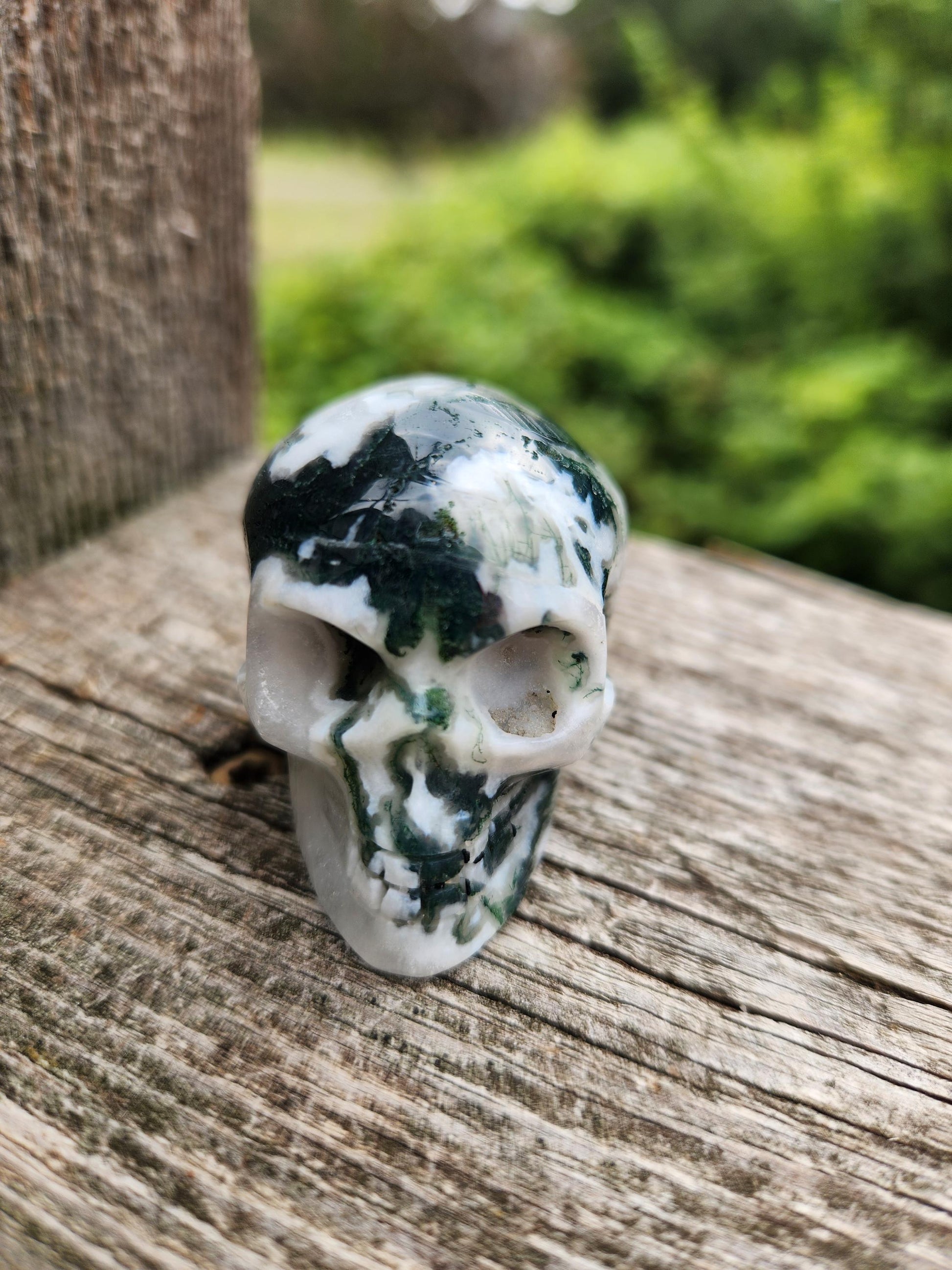 Moss Agate Clear Quartz Small Crystal Skull