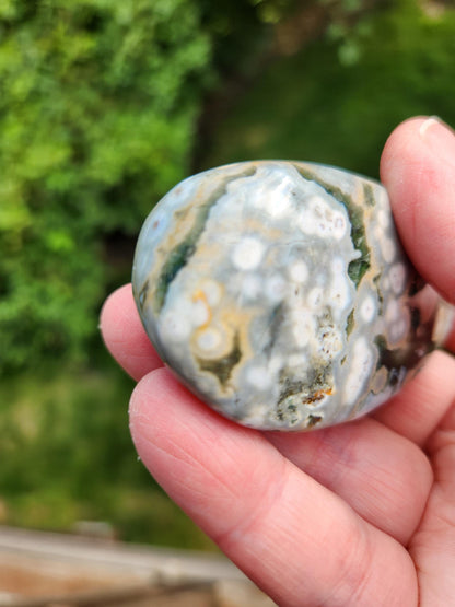 Orbicular Fossilized Coral Specimen, Ocean Jasper Polished Large Tumble Crystal